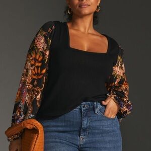 Anthropologie Bl^nk  London Printed Sleeve Sweater Top Black Floral Boho 3X